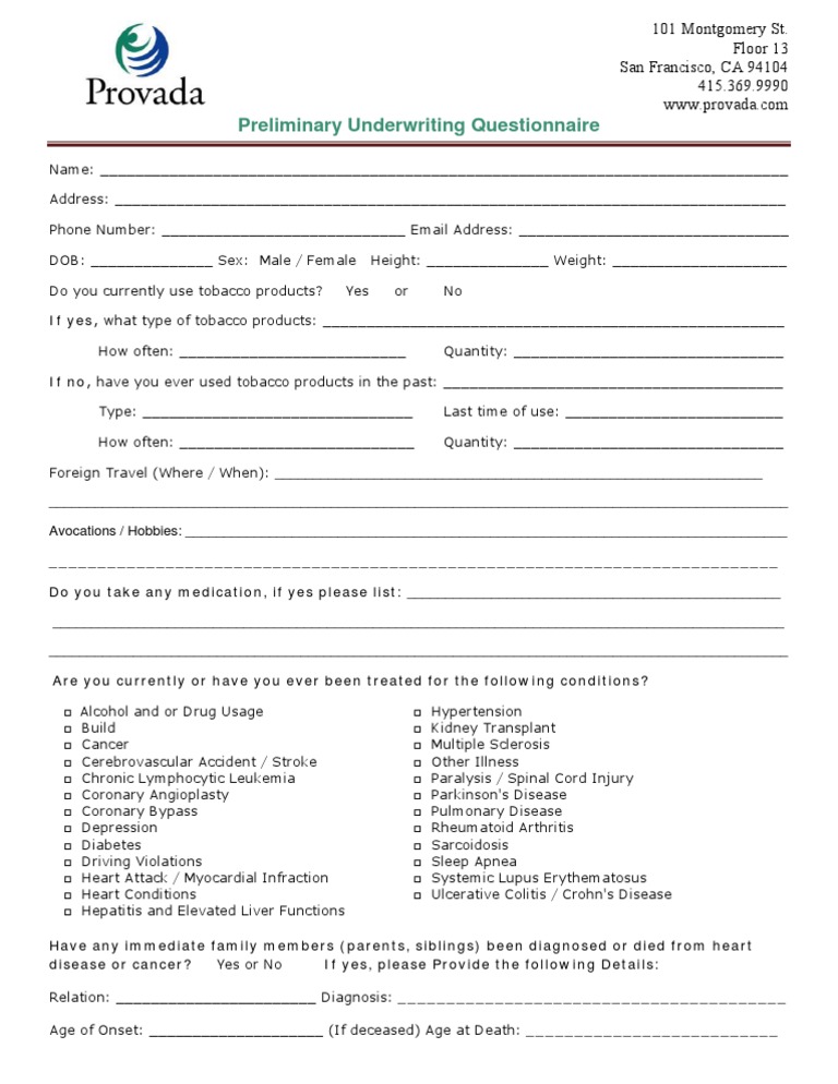 Life Insurance Pre-Underwriting Questionnaire | Download Free PDF ...