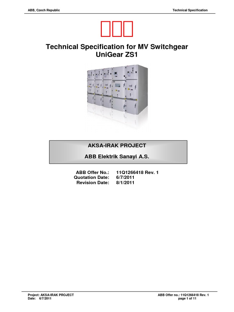 ABB MV Switchgear Technical Specs | PDF | Switch | Electrical Engineering