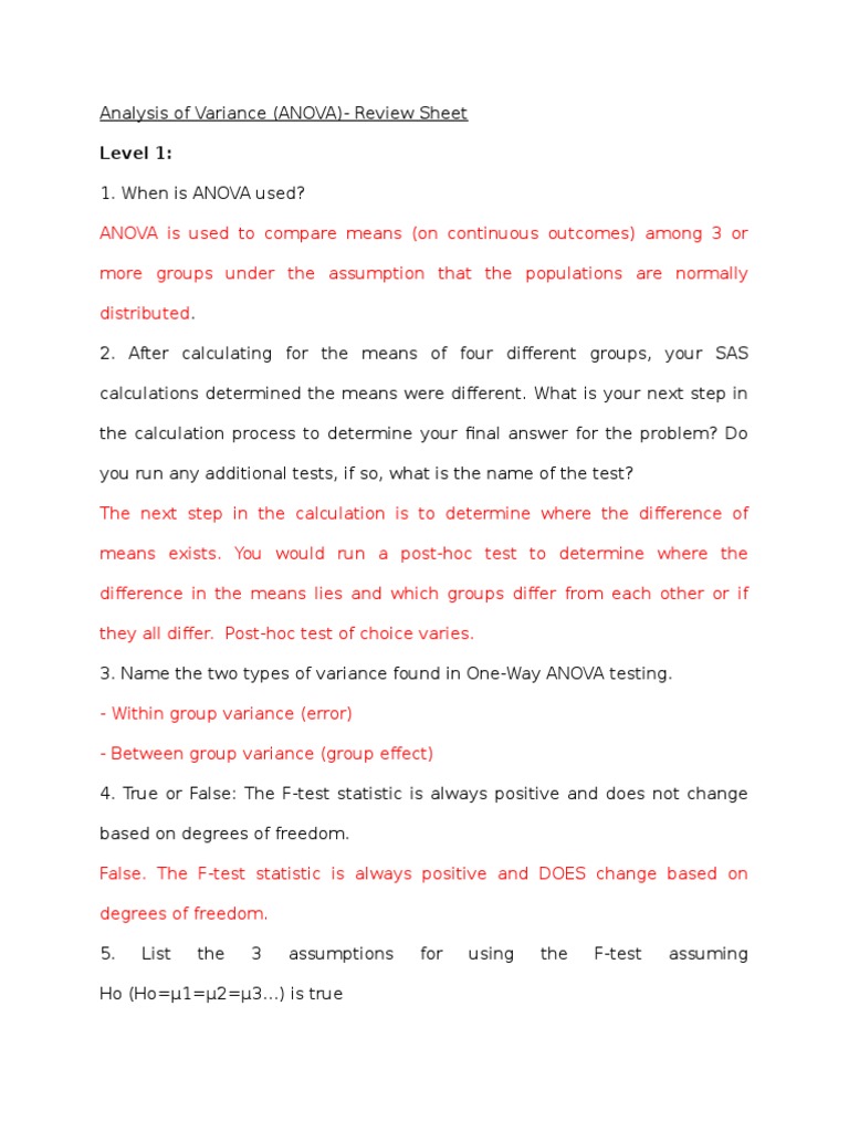 ANOVA Review Sheet and Questions | PDF | F Test | Analysis Of Variance