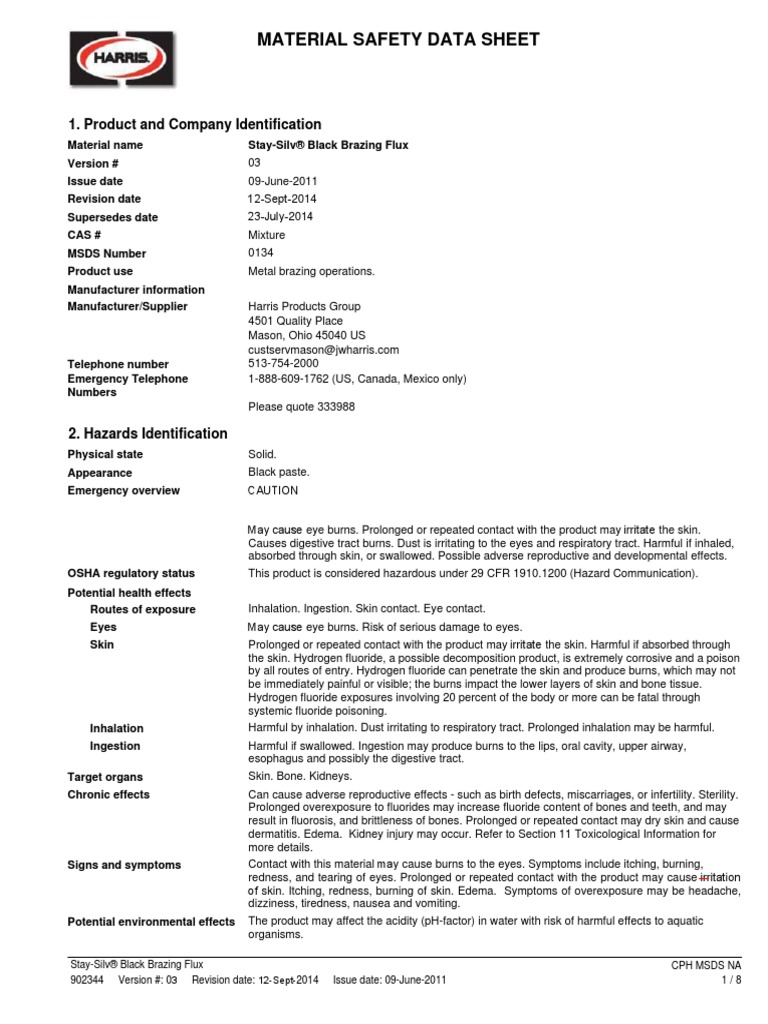 Stay Silv Black Brazing Flux PDF Superfund Dangerous Goods