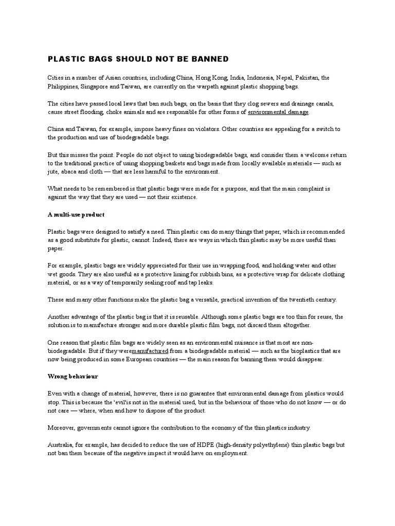 Plastic Bags Should Not Be Banned PDF Recycling Reuse