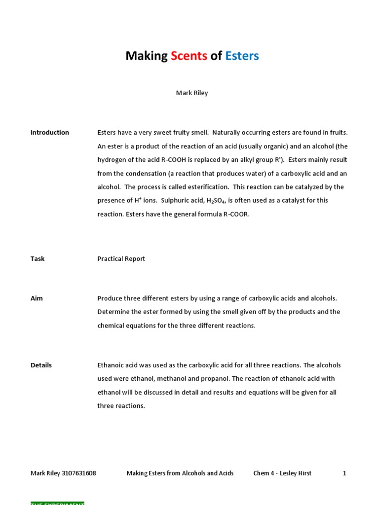 Organic Chemistry Esters Lab & Lab Report (Making Scents of Esters
