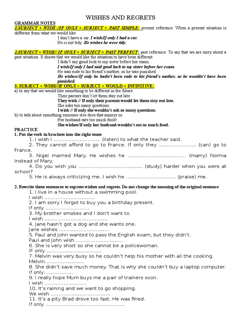 Expressing Wishes And Regrets Worksheet Vocabulary