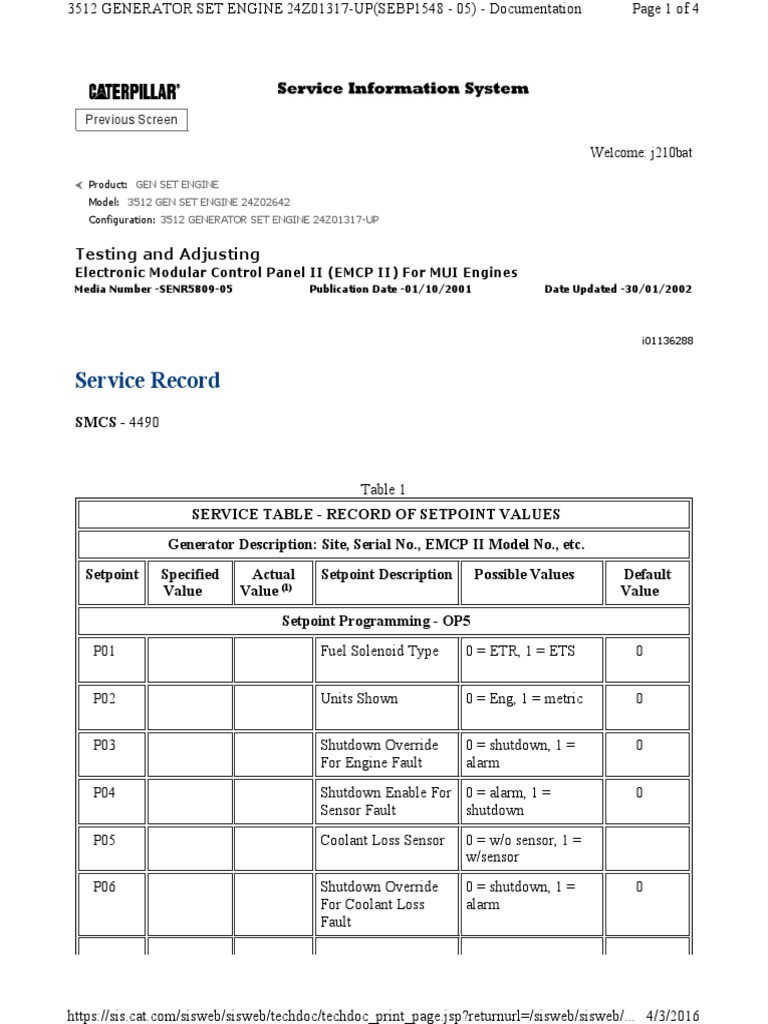 Service Table Record of Setpoint Values _prefix 24z Engines