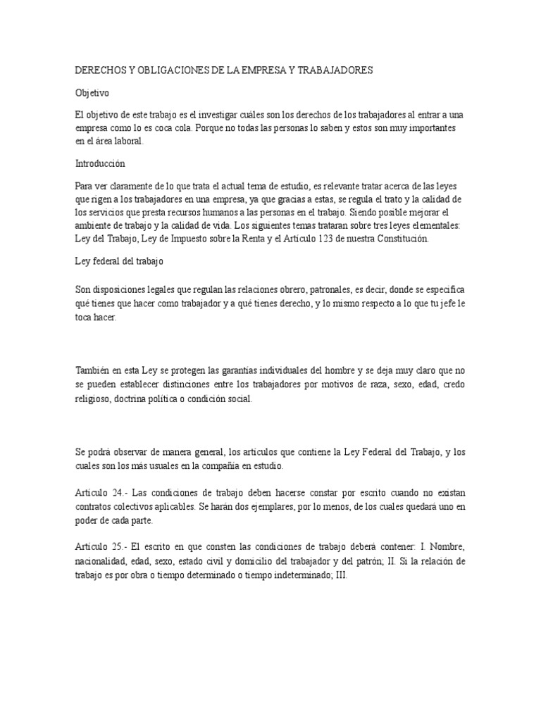 Derechos y Obligaciones de La Empresa y Trabajadores | PDF | Derecho ...