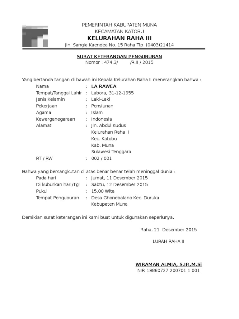 Surat Pemakaman Dari Kelurahan  Kumpulan Contoh Surat