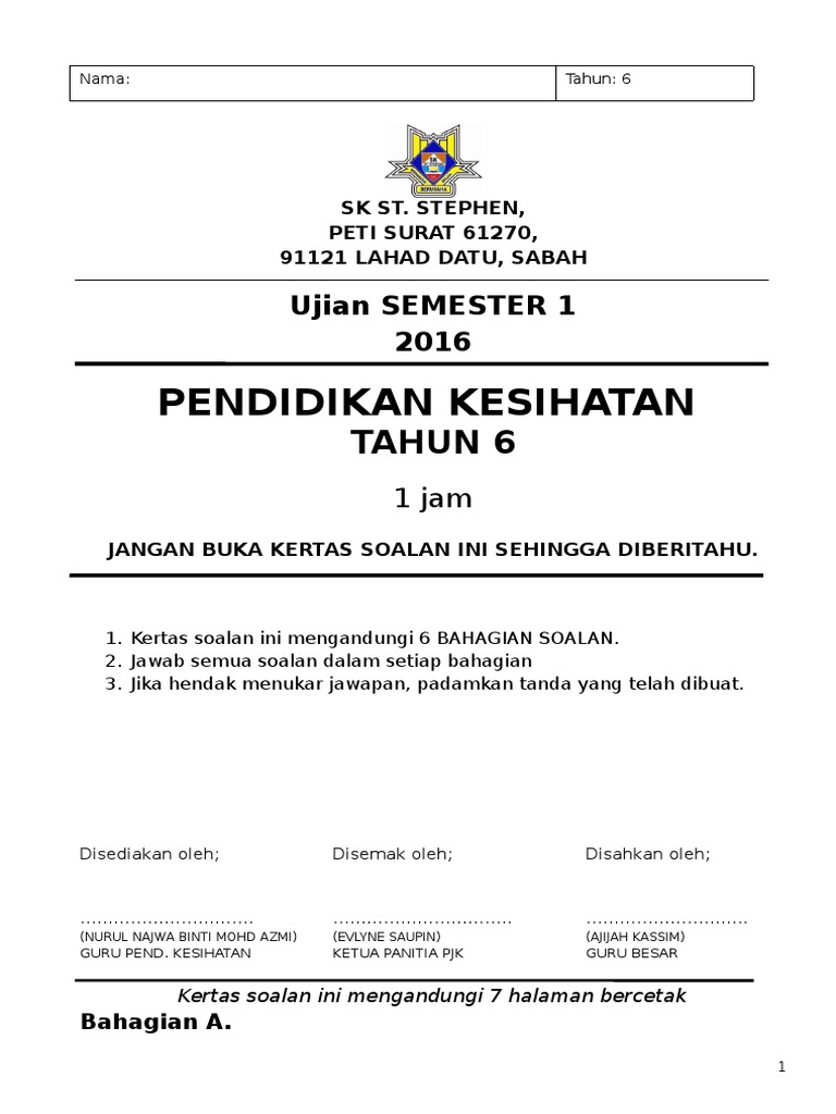 Soalan Pendidikan Kesihatan Tahun 6 2019