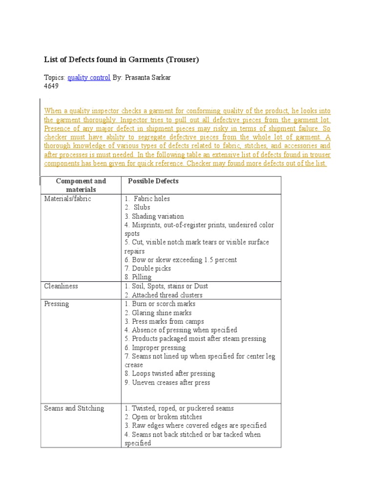List of Defects Found in Garments (Trouser) | PDF | Seam (Sewing) | Sewing
