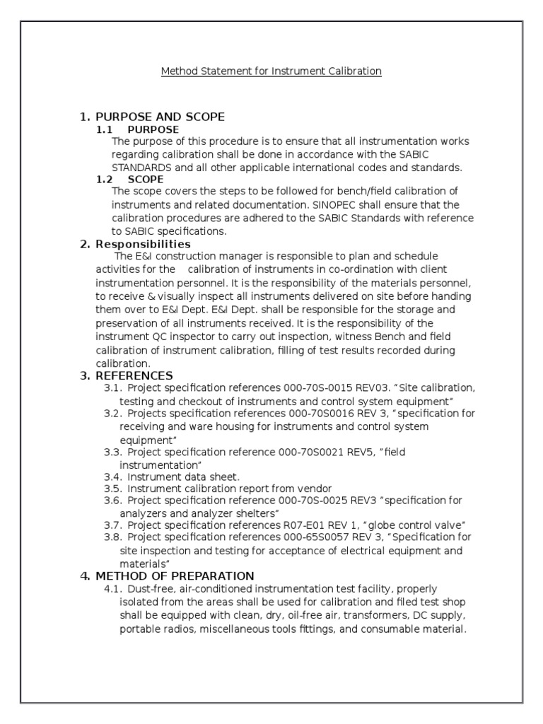 Method Statement For Instrument Calibration PDF Calibration