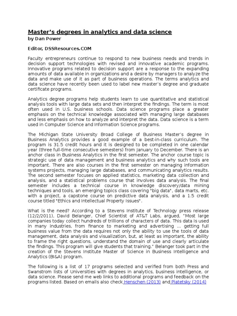 Master's Degrees in Analytics and Data Science PDF Data Science