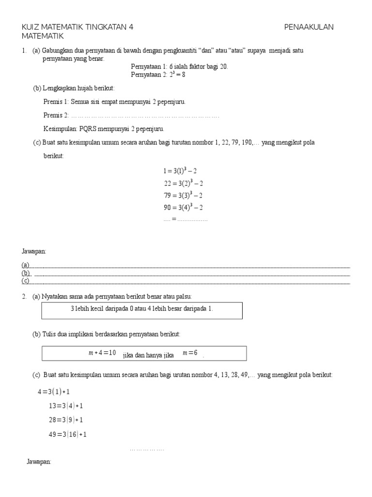Kuiz Matematik Tingkatan 4 Penaakulan Matematik Pdf