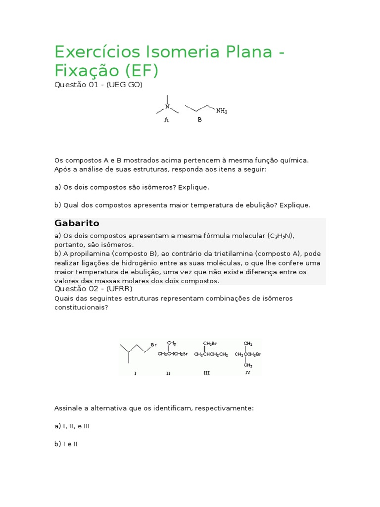 Exercícios Isomeria Plana | PDF | Isômero | Cetona