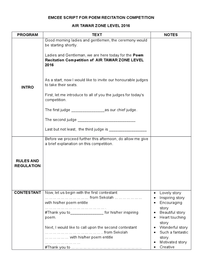 Mc Text For Poem Recitation Competition