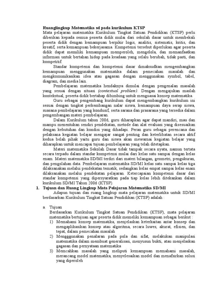 Ruanglingkup Matematika Sd Pada Kurikulum Ktsp Pdf