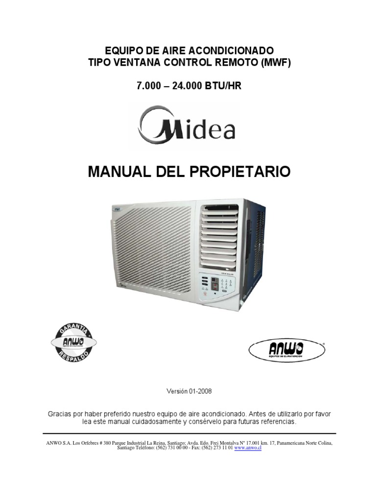 Anwo Equipo de Aire Acondicionado Tipo Ventana Manual de Uso Equipo