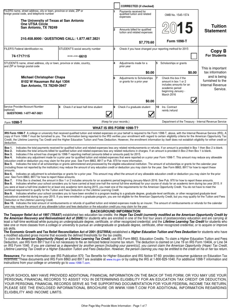 Understanding UTSA's 1098-T Form | PDF | Income Tax In The United ...