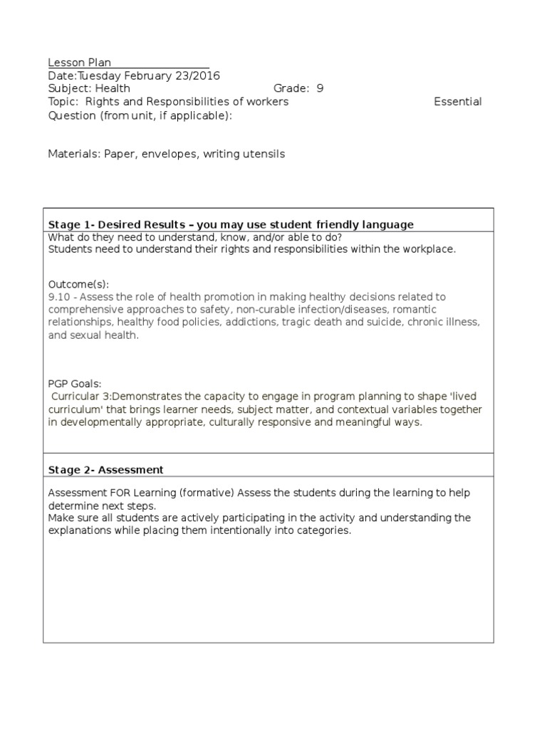 Lesson Plan-Rights and Responsibilities | PDF | Career & Growth | Wellness