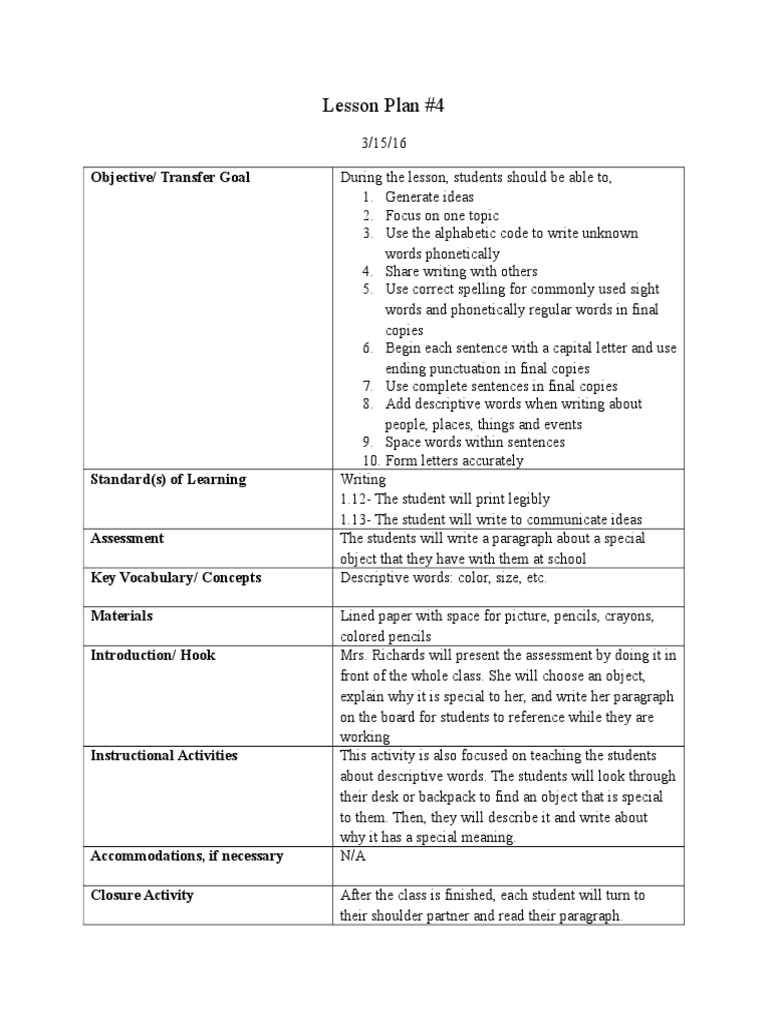 Writing Lesson Plan for Descriptive Skills | PDF