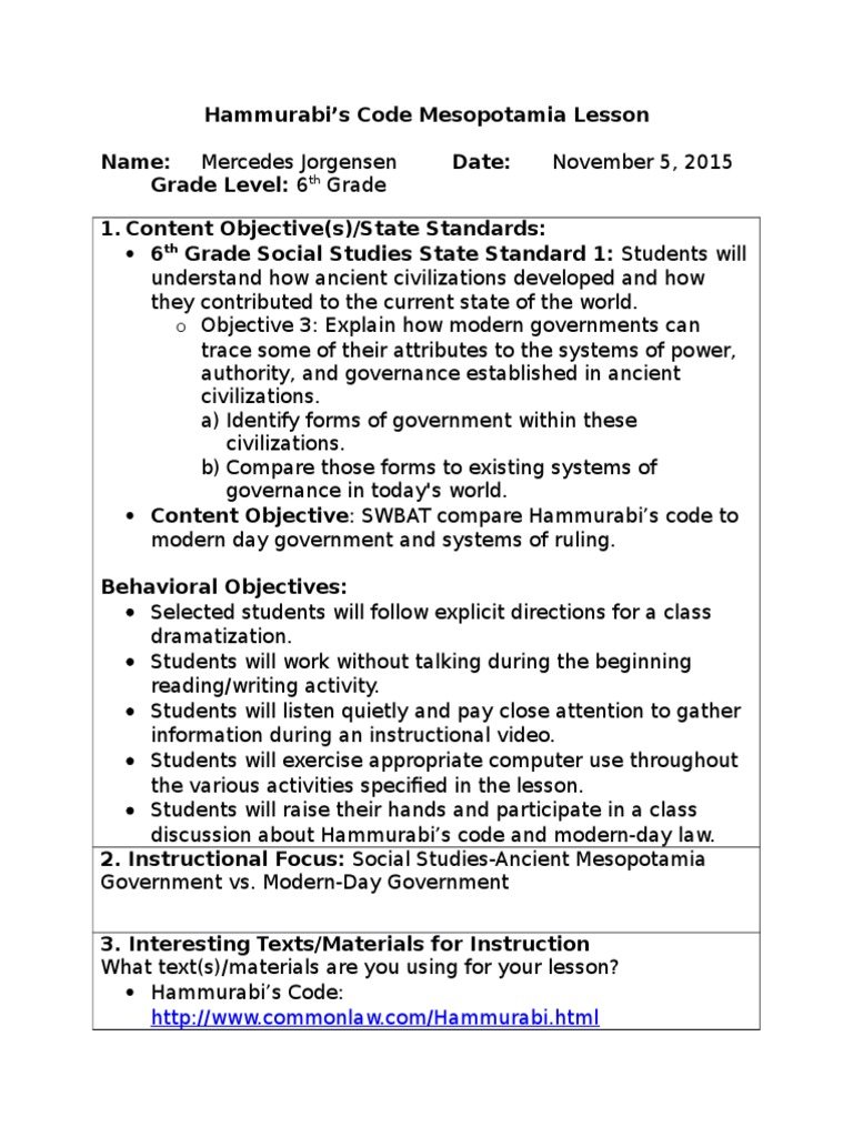 Hammurabi's Code: 6th Grade Lesson Plan | PDF | Lesson | Educational ...