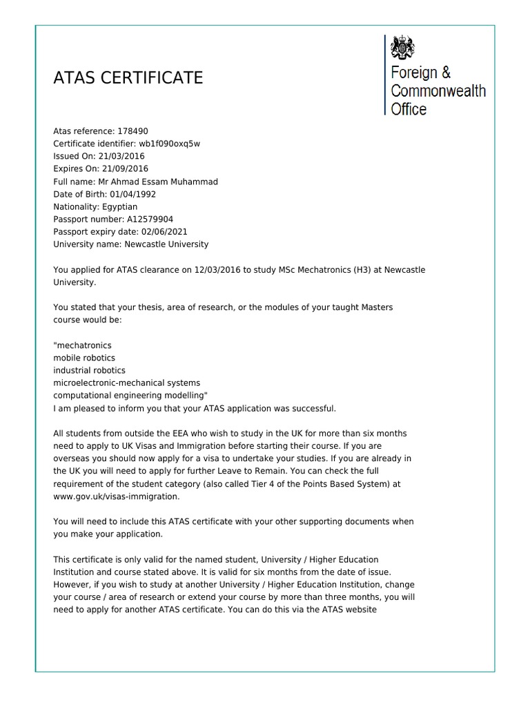 ATAS Certificate for Mr. Ahmad Essam | PDF | Business