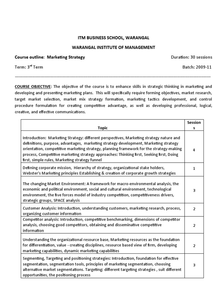 Marketing Strategy Course Outline 28.01.10 | PDF | Marketing ...