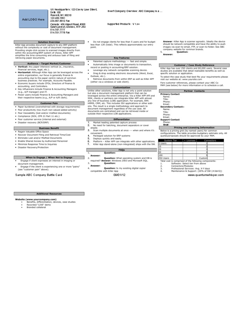 Battle Card Template | Application Software | Enterprise Resource Planning