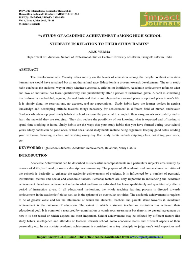 A Study of Academic Achievement Among High School Students in Relation ...
