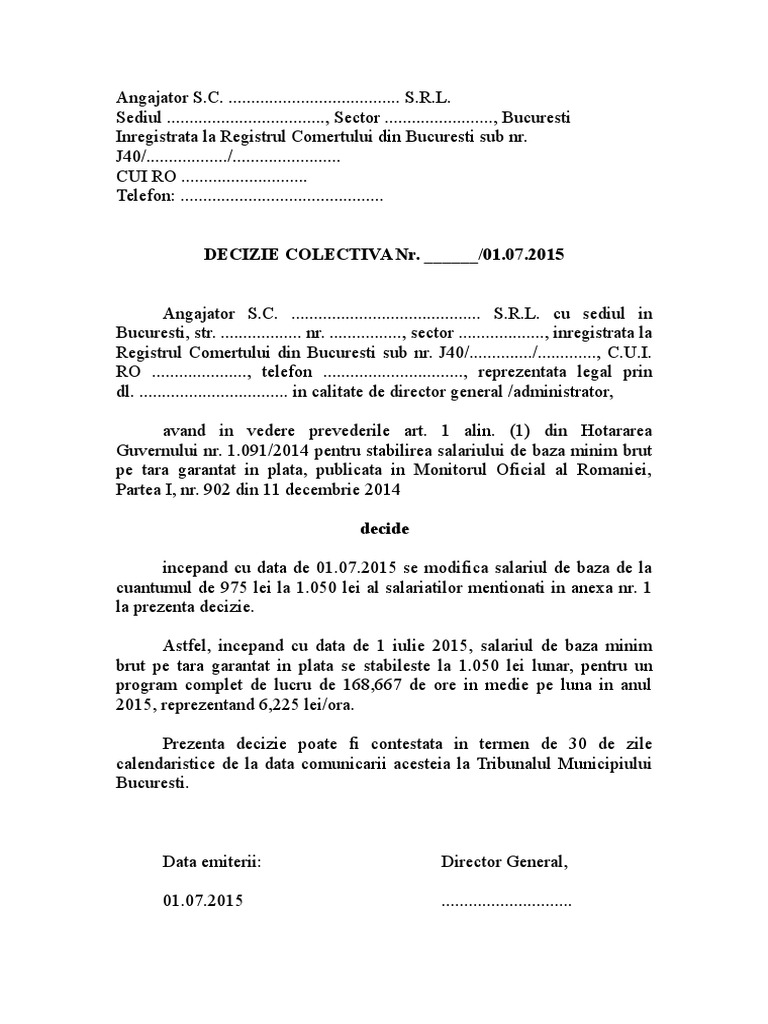 Model Decizie Colectiva Salariu Minim Iul 2015 | PDF