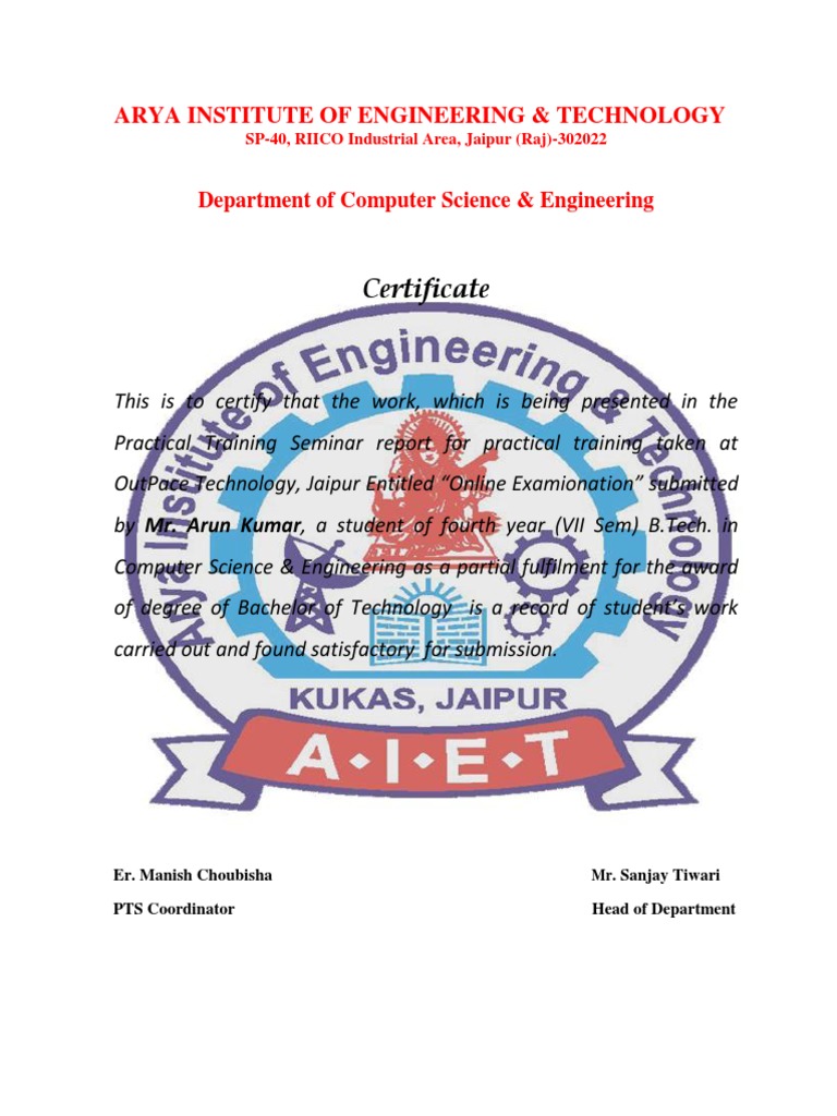 Certificate: Arya Institute of Engineering & Technology | PDF | Computers