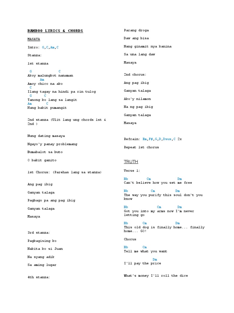 BAMBOO Lyrics PDF Song Structure Elements Of Music