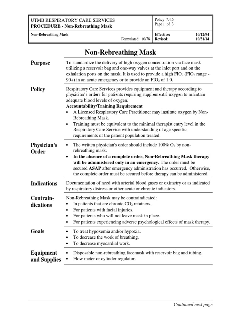 Non-Rebreathing Mask Procedure | PDF | Health Care | Medicine