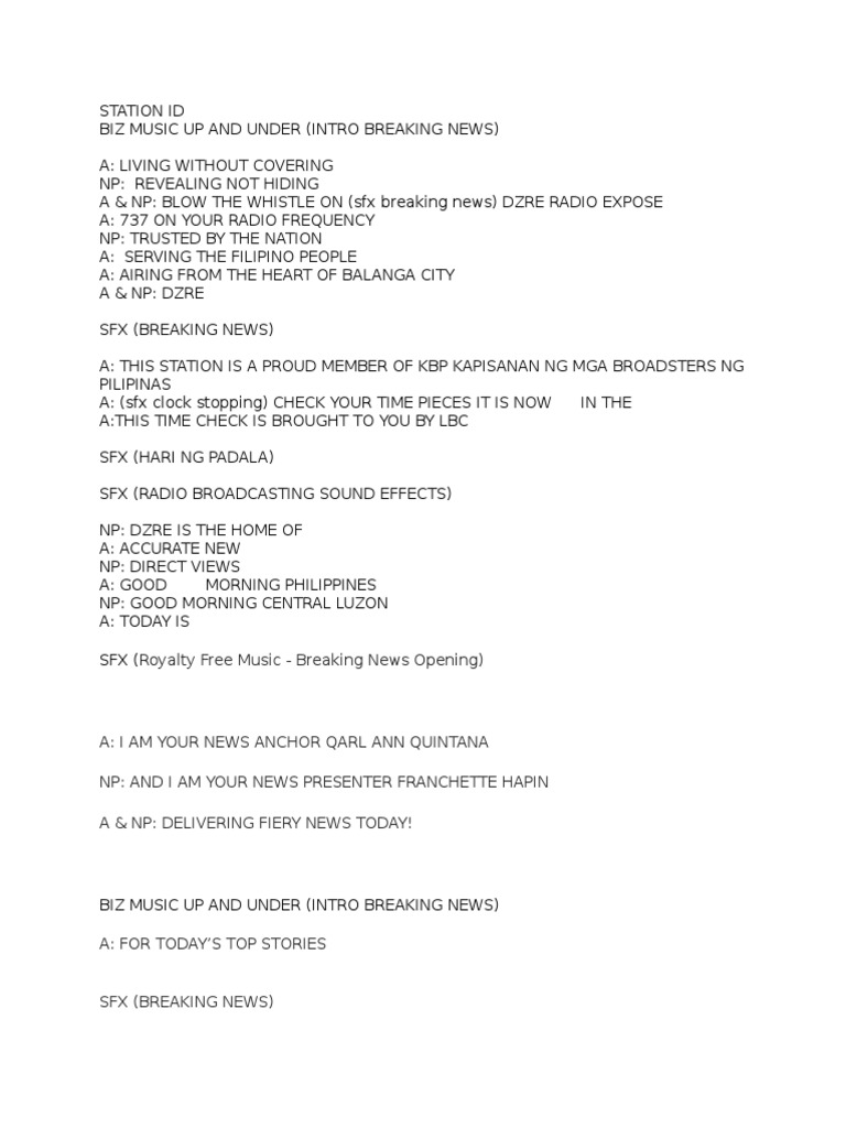 Radio Broadcasting Script Pdf Television News News Media