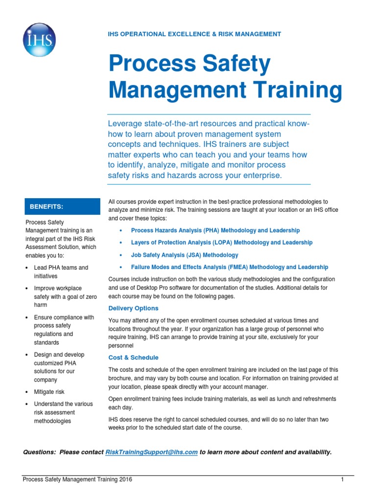 Process Safety Training Brochure and Schedule 2016 PDF Safety Risk