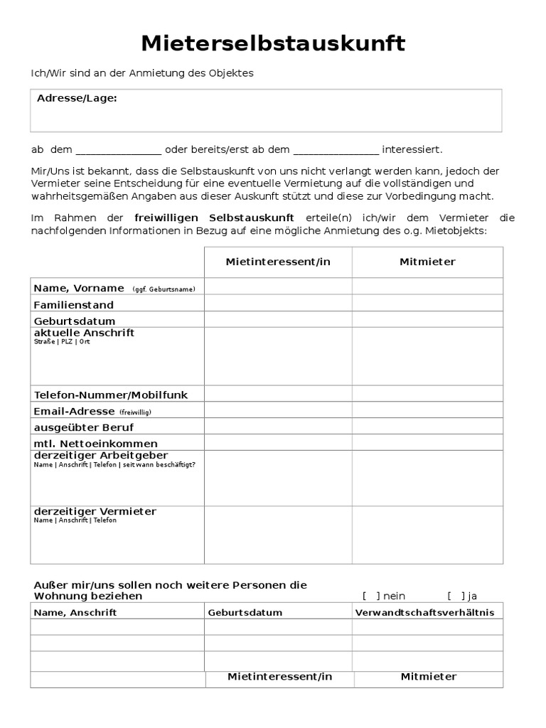 Mieterselbstauskunft blanko neu pdf