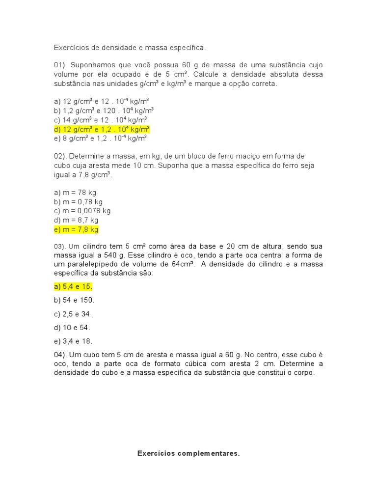 Exercícios de Densidade e Massa Específica | PDF