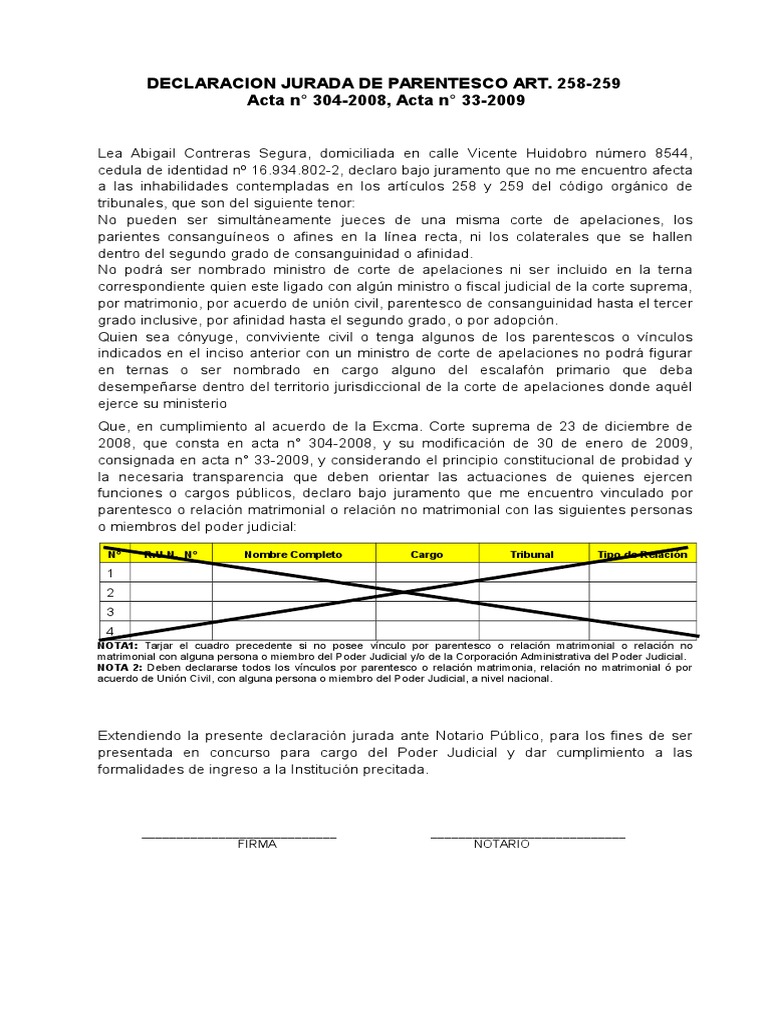 Declaración Jurada de Parentesco Judicial | PDF