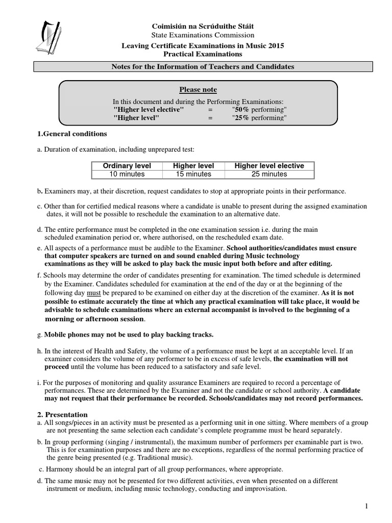 Leaving Cert Music Exam Guidelines 2015 | PDF | Test (Assessment ...
