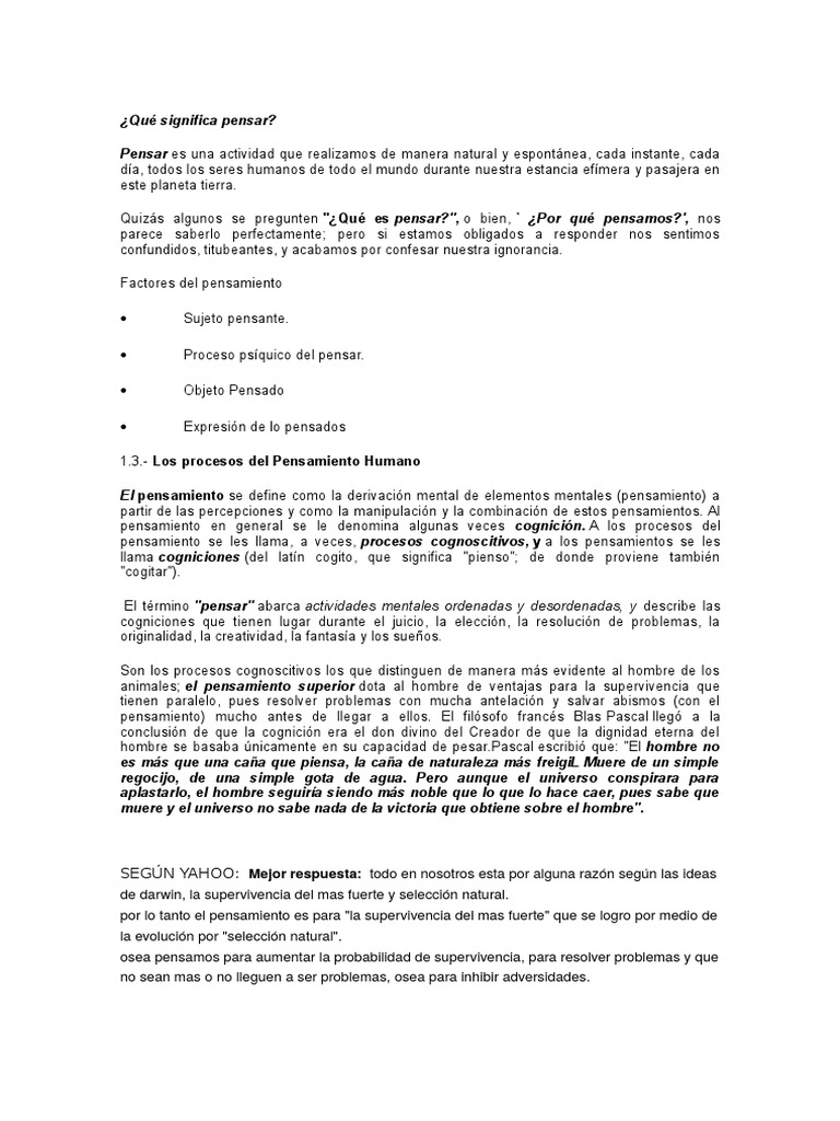Que Es Pensamiento Y Que Es Pensar Pdf Mente Cerebro
