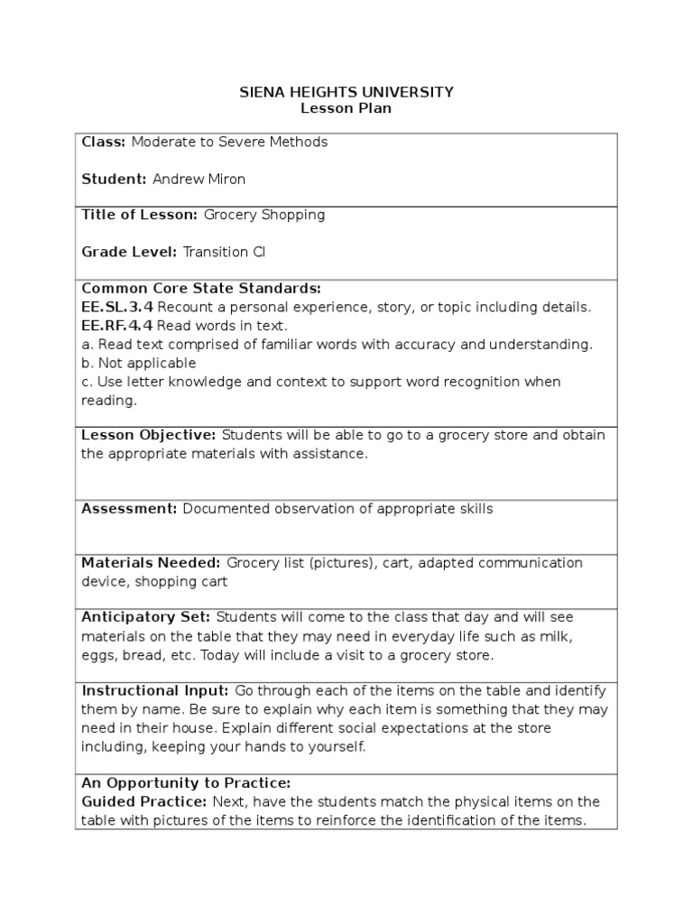 Grocery Shopping Lesson Plan Quality Of Life