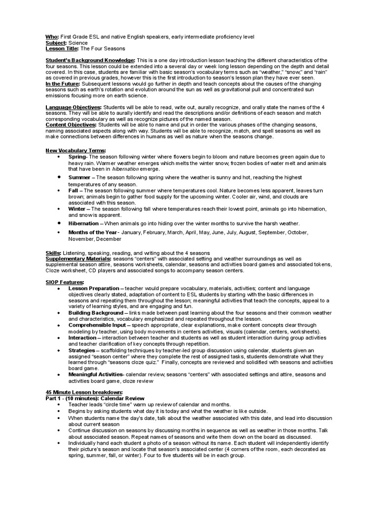 First Grade Science Seasons Lesson | PDF | Lesson Plan | Curriculum