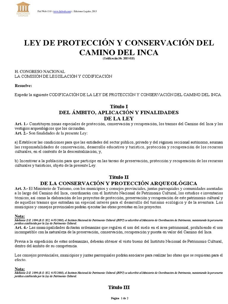 Ley de Proteccion y Conservacion Del Camino Del Inca | PDF | Turismo ...