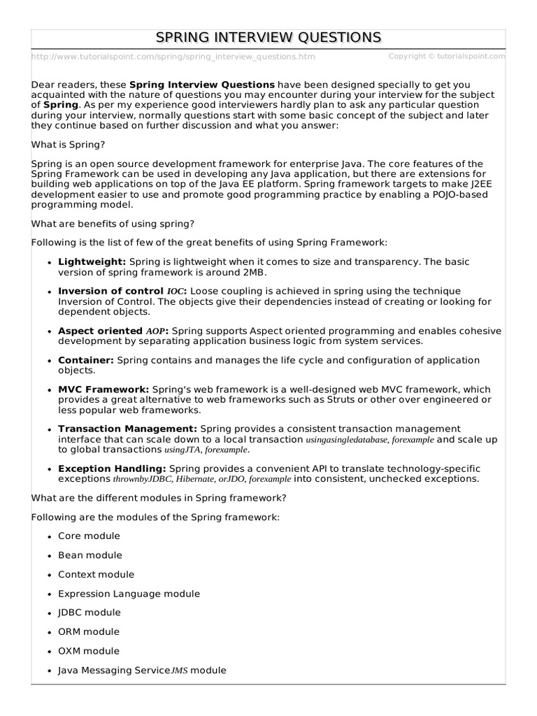 Spring Interview Questions | PDF | Spring Framework | Model–View–Controller