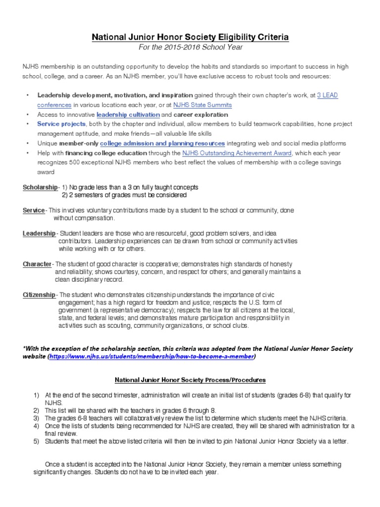 national junior honor society eligibility criteria 4 10 16