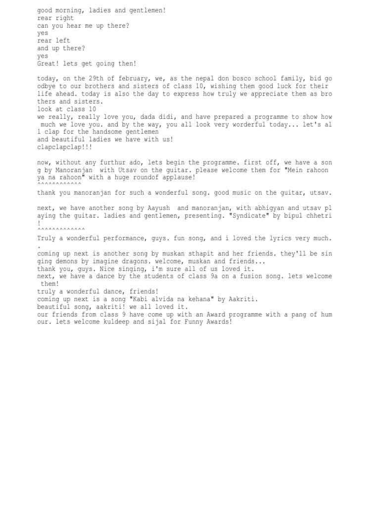 Farewell Program Script for Class 10 | PDF | Entertainment (General)