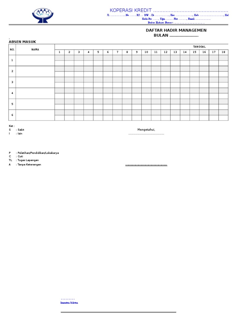 Contoh Format Absen Karyawan Contoh Format Absen Karyawan