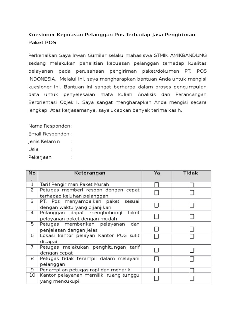 Kuesioner Kepuasan Pelanggan Pos Terhadap Jasa Pengiriman Paket POS