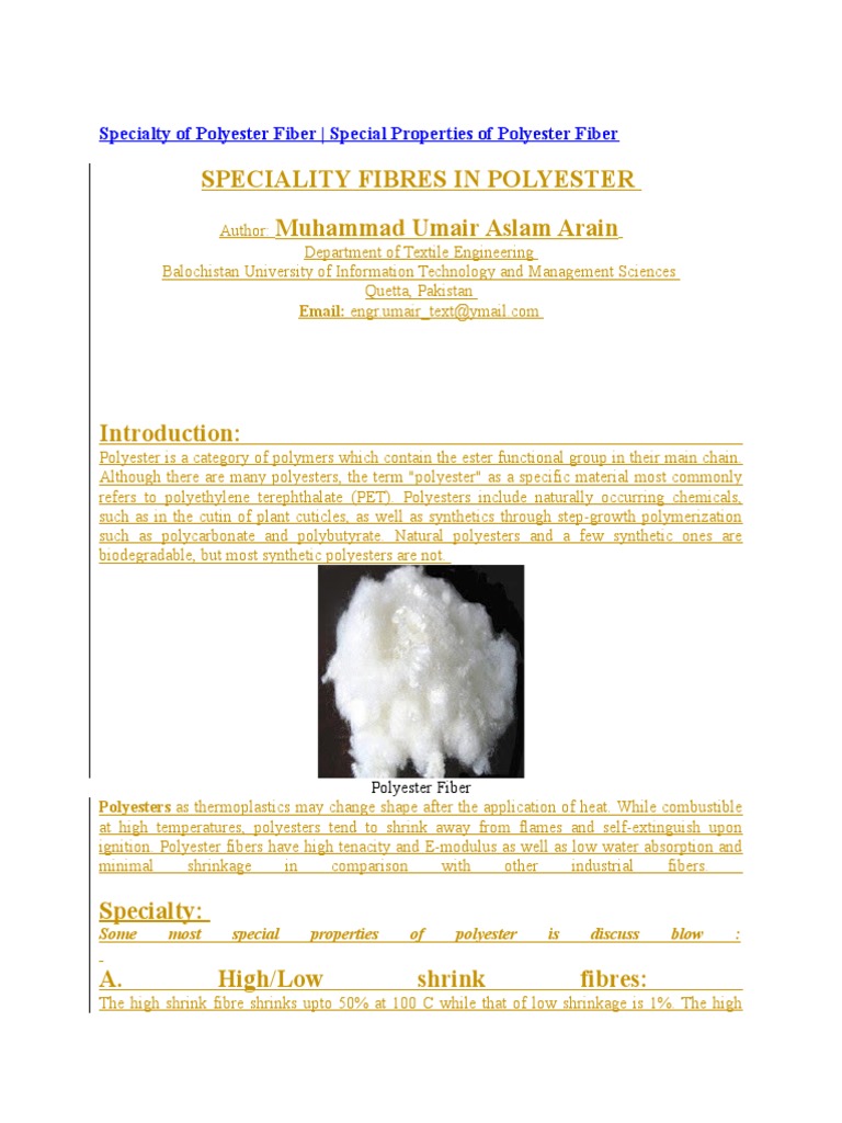 Specialty Properties of Polyester Fiber | PDF | Polyester | Manmade ...