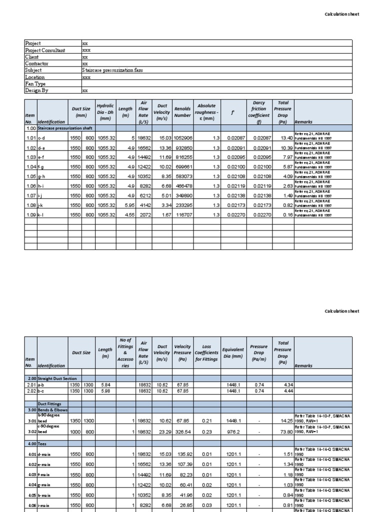 Pressure Drop Calculation Combined Steel and Mesonery Duct PDF | PDF ...