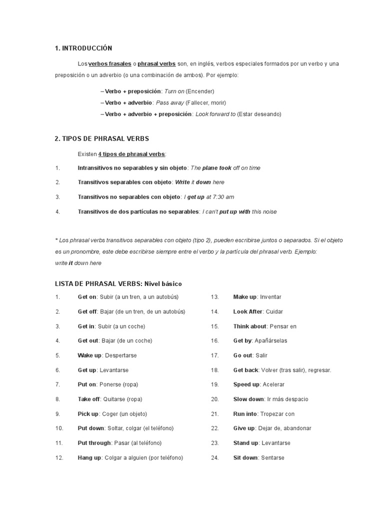 Tipos y ejemplos de phrasal verbs | PDF | Tipología Lingüística ...