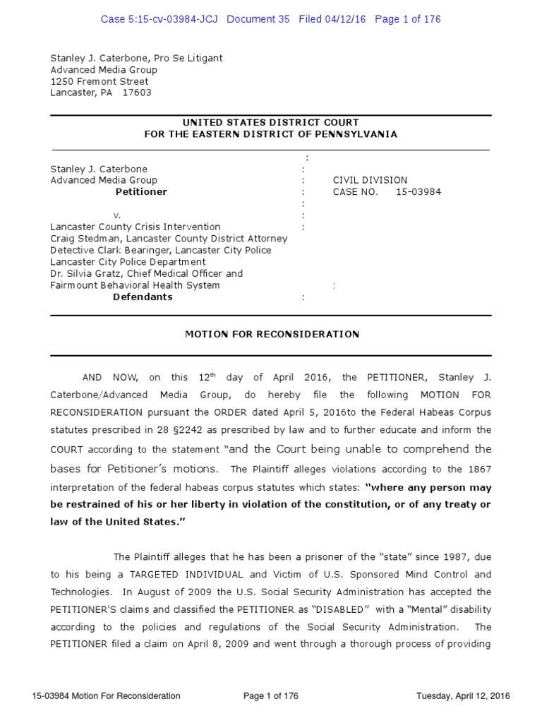 Recorded MOTION For RECONSIDERATION Re Petitioner Stanley J. Caterbone
